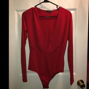 Red Deep V Plunging Bodysuit